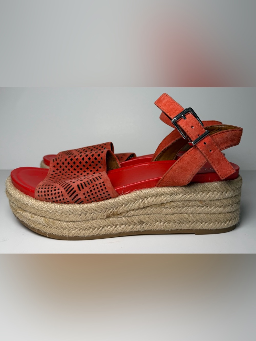 NWT Franco Sarto Tennia 7 Coral Red Espadrille Jute Wedge Suede Leather Sandal - Picture 12 of 16
